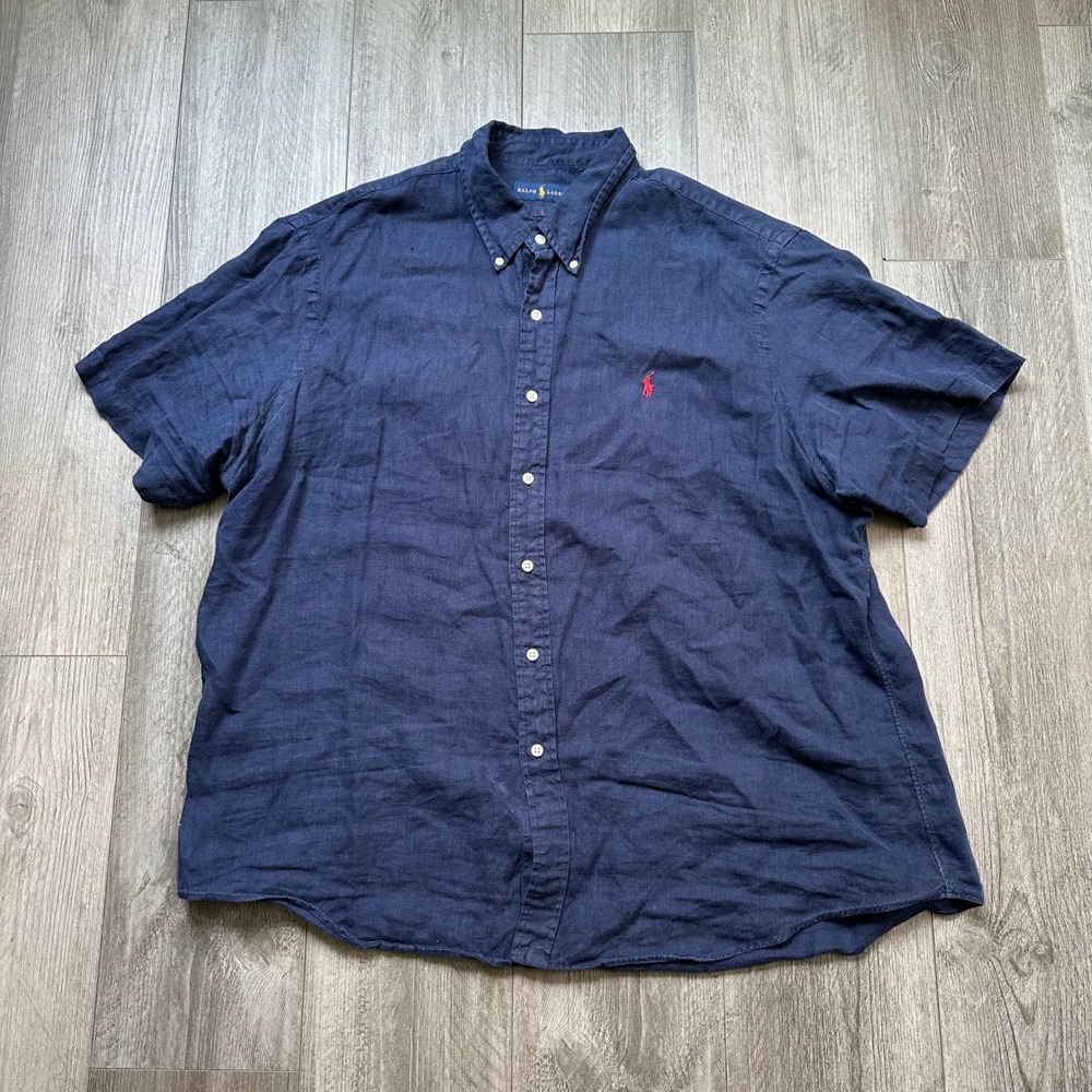 Polo Ralph Lauren Navy Blue linen Short Sleeve Button Down Shirt Men's XL